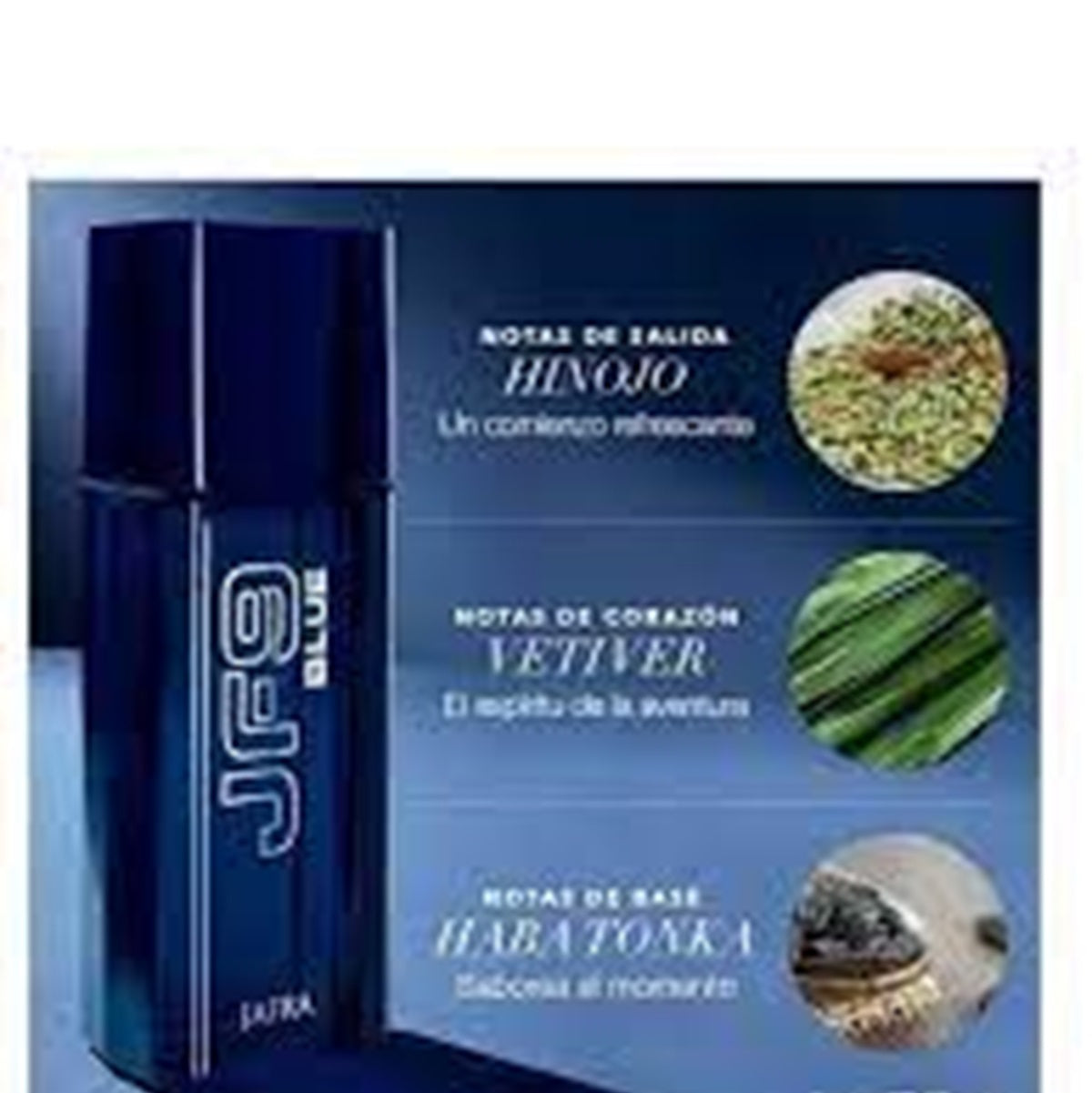 JFQ Blue perfume bottle with flavor notes description on a blue background