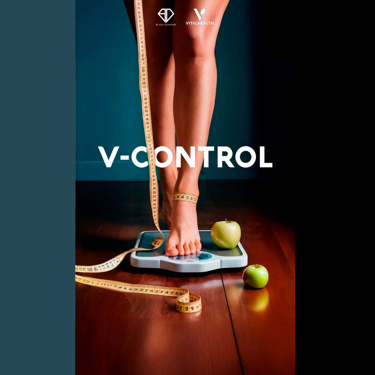 Person standing on a scale with a measuring tape and apples, promoting 'V-Control' brand.