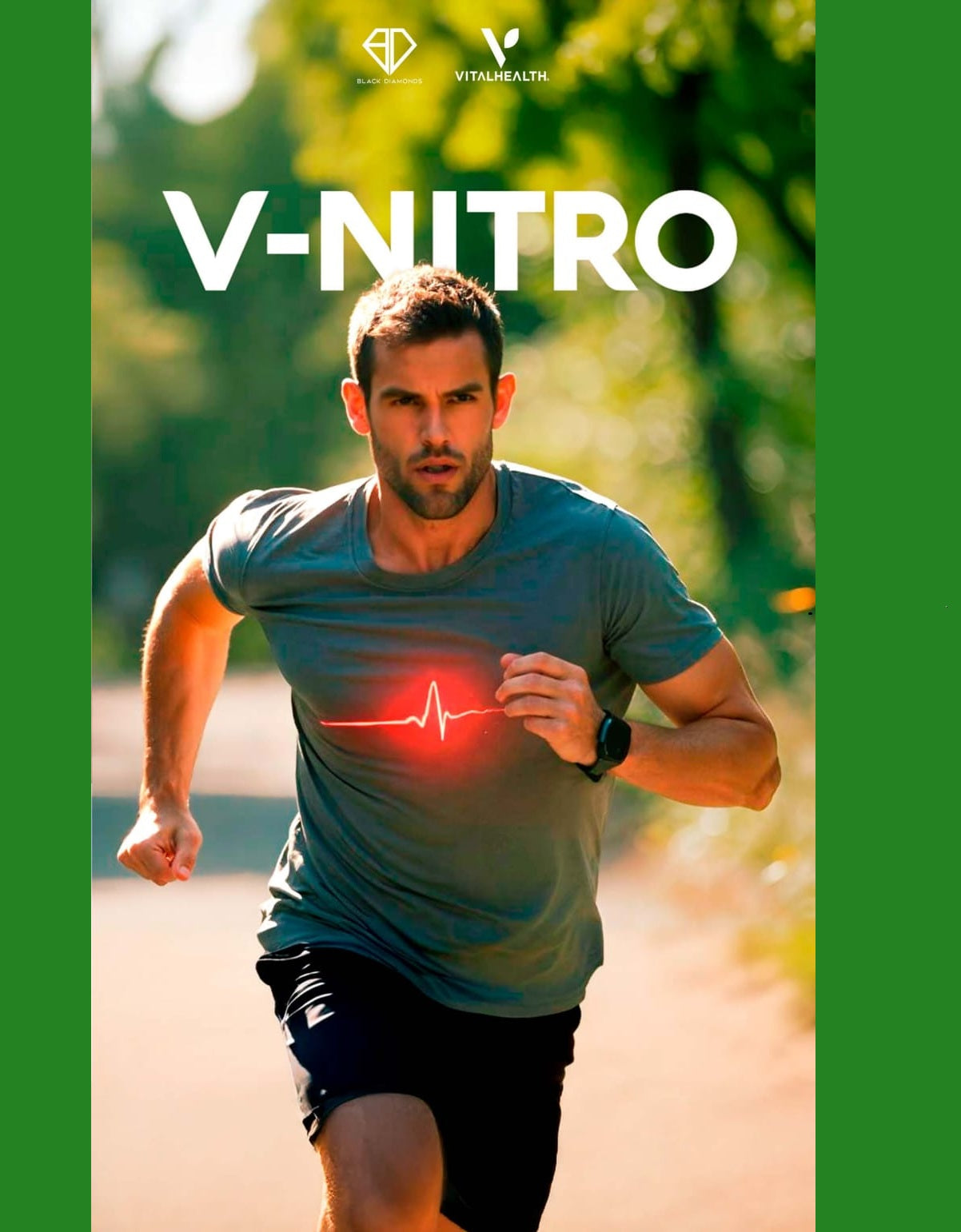Man running outdoors with V-Nitro branding on a green background