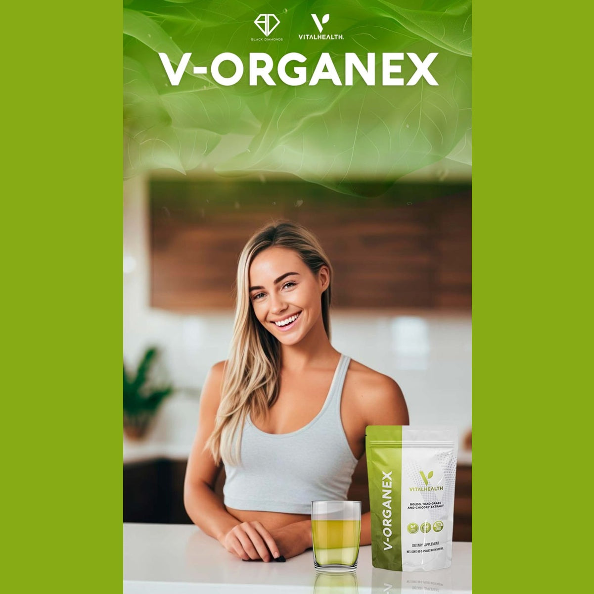 Woman in a kitchen with V-Organex products on a green background