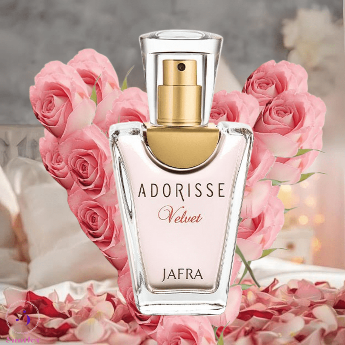 Adorisse Velvet Jafra perfume bottle with pink roses in the background