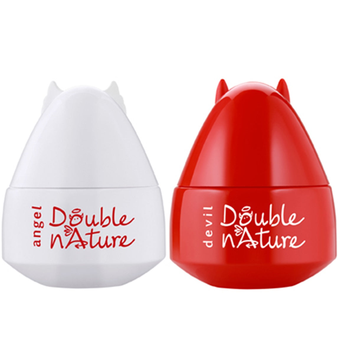 Two lip balms, one white and one red, with 'Double N'ature' branding on a white background.