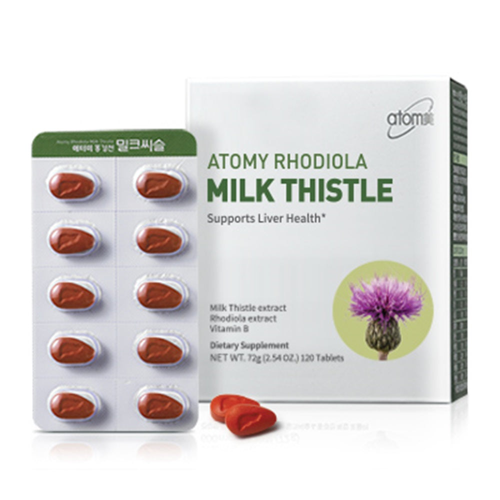 Atomry Milk Thistle supplement packaging with tablets on a white background