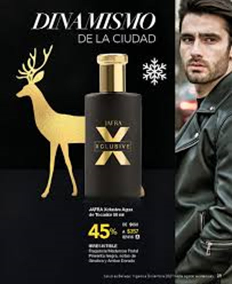 Jafra Xclusive perfume bottle with a man on the right side against a black background