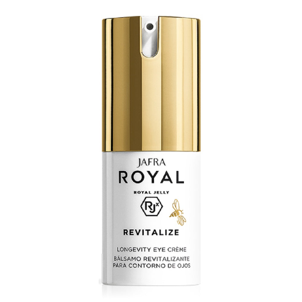 Jafra Royal Revitalize eye cream bottle with gold cap on a white background