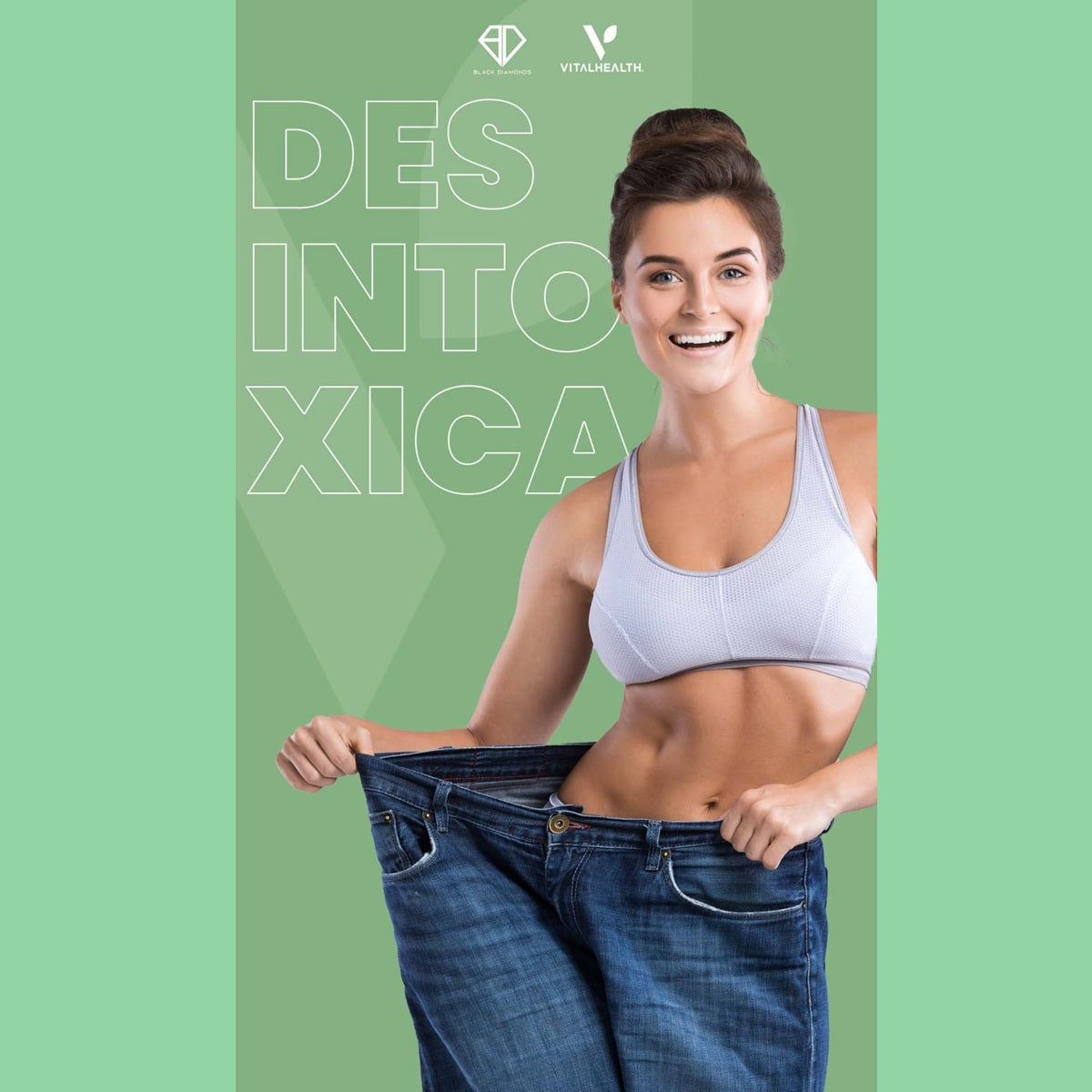 Woman in sports bra and jeans on a green background with 'VitalHealth' branding.