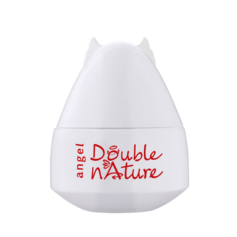White cosmetic container with 'Double Nature' text on a white background