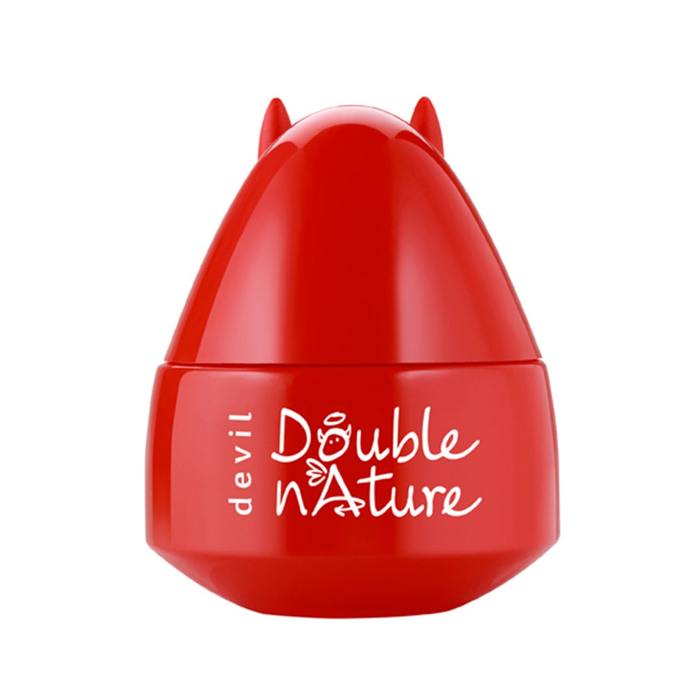 Red container with 'Double n'ature' text and devil horns on a white background