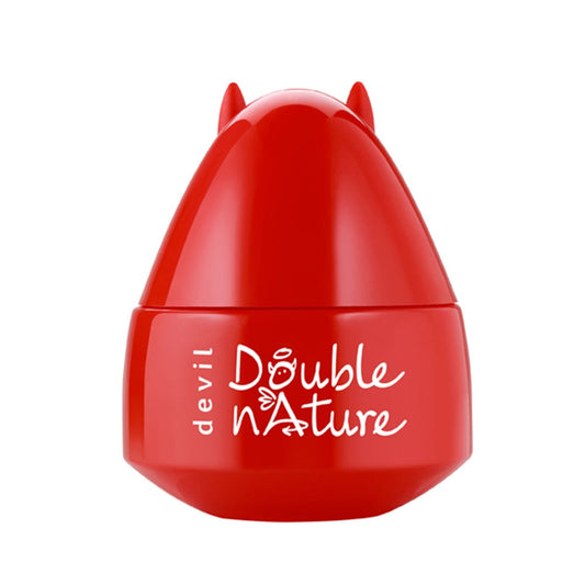 Red container with 'Double n'ature' text and devil horns on a white background