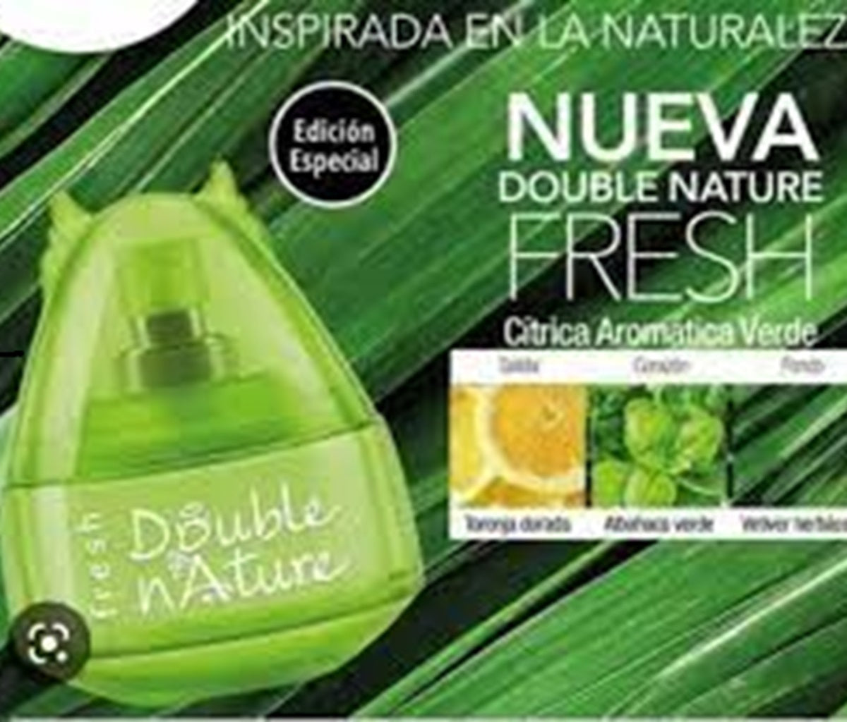 Green bottle labeled 'Double Nature Fresh' on a green leafy background