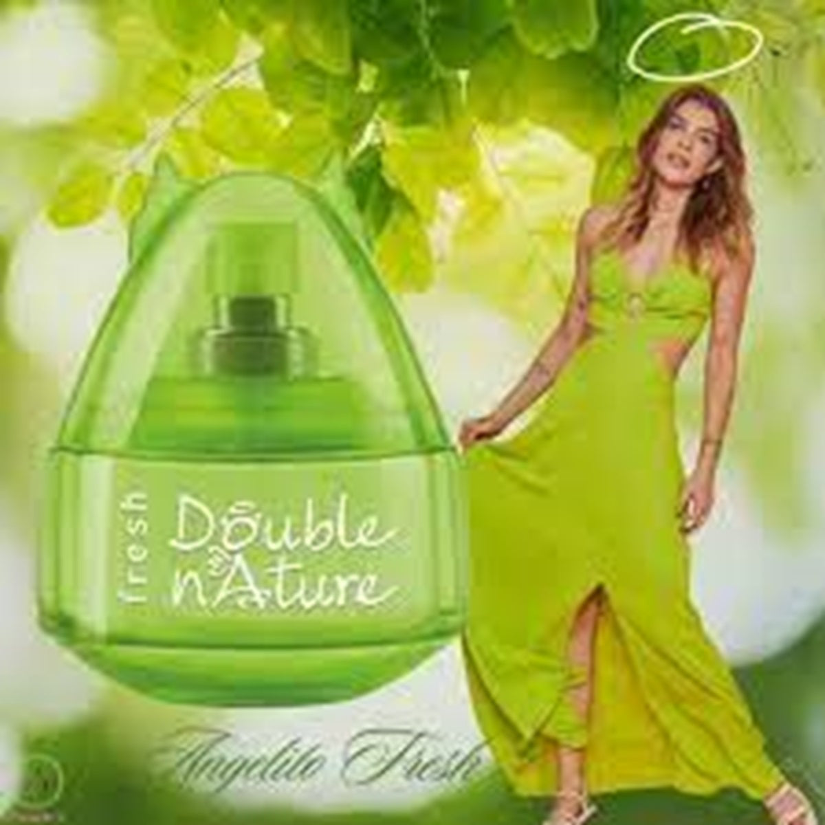 Green perfume bottle labeled 'Double n'ature' with a woman in a green dress against a green background