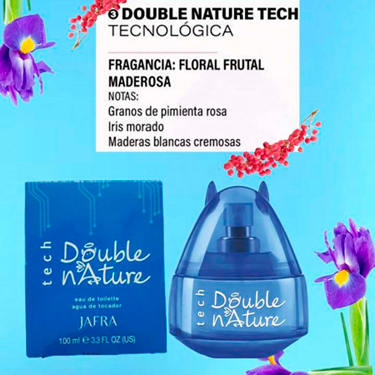Double n'Nature perfume bottle and packaging on a blue background with floral elements.