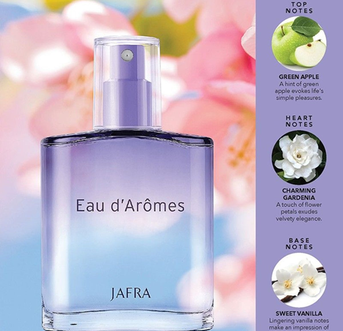 Perfume bottle labeled 'Eau d'Arômes' by JAFRA with floral background and notes description.