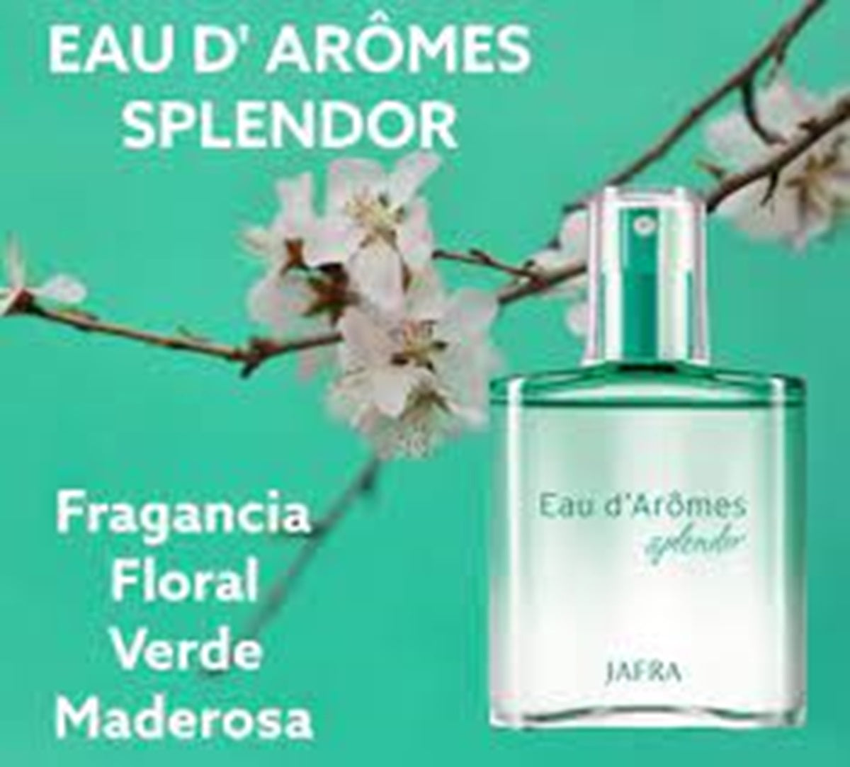 Eau d'Arômes Splendor perfume bottle with floral branch on a green background
