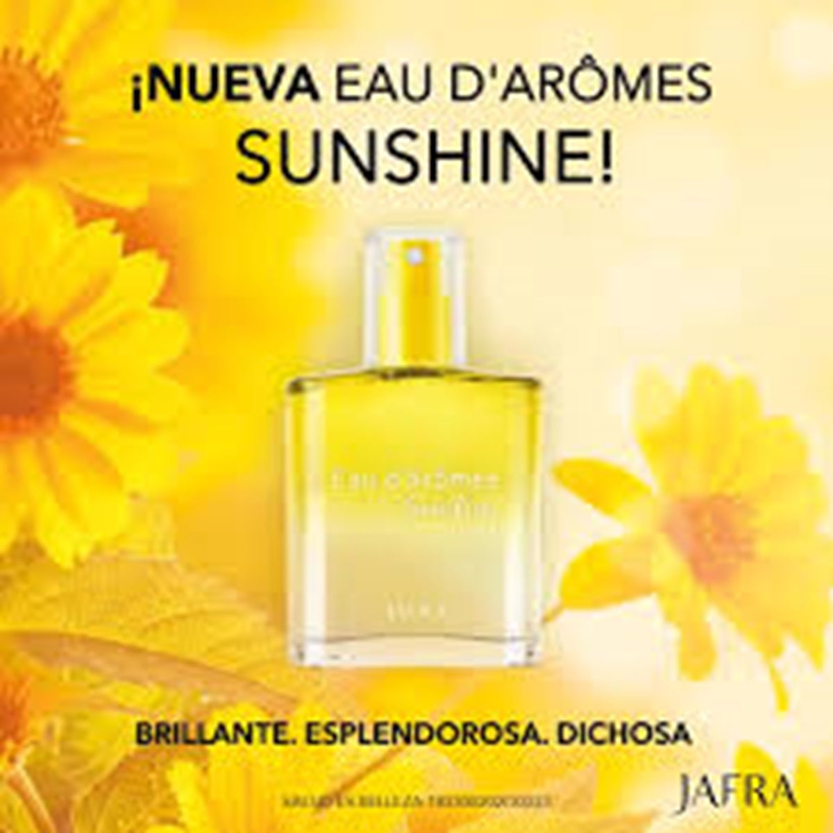 Perfume bottle with yellow flowers on a bright yellow background, featuring the brand Jafra.