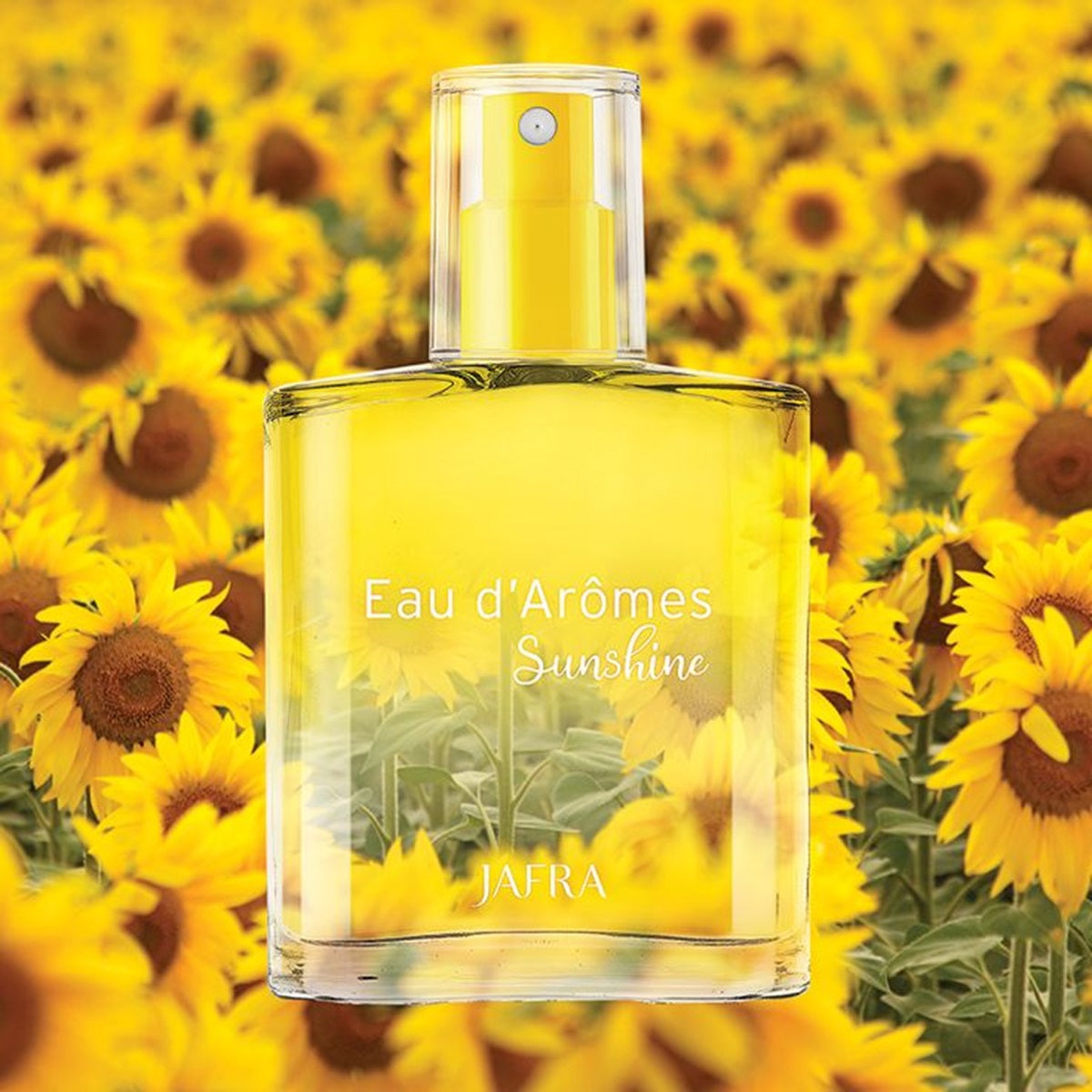 Eau d'Aromes Sunshine perfume bottle with sunflower background