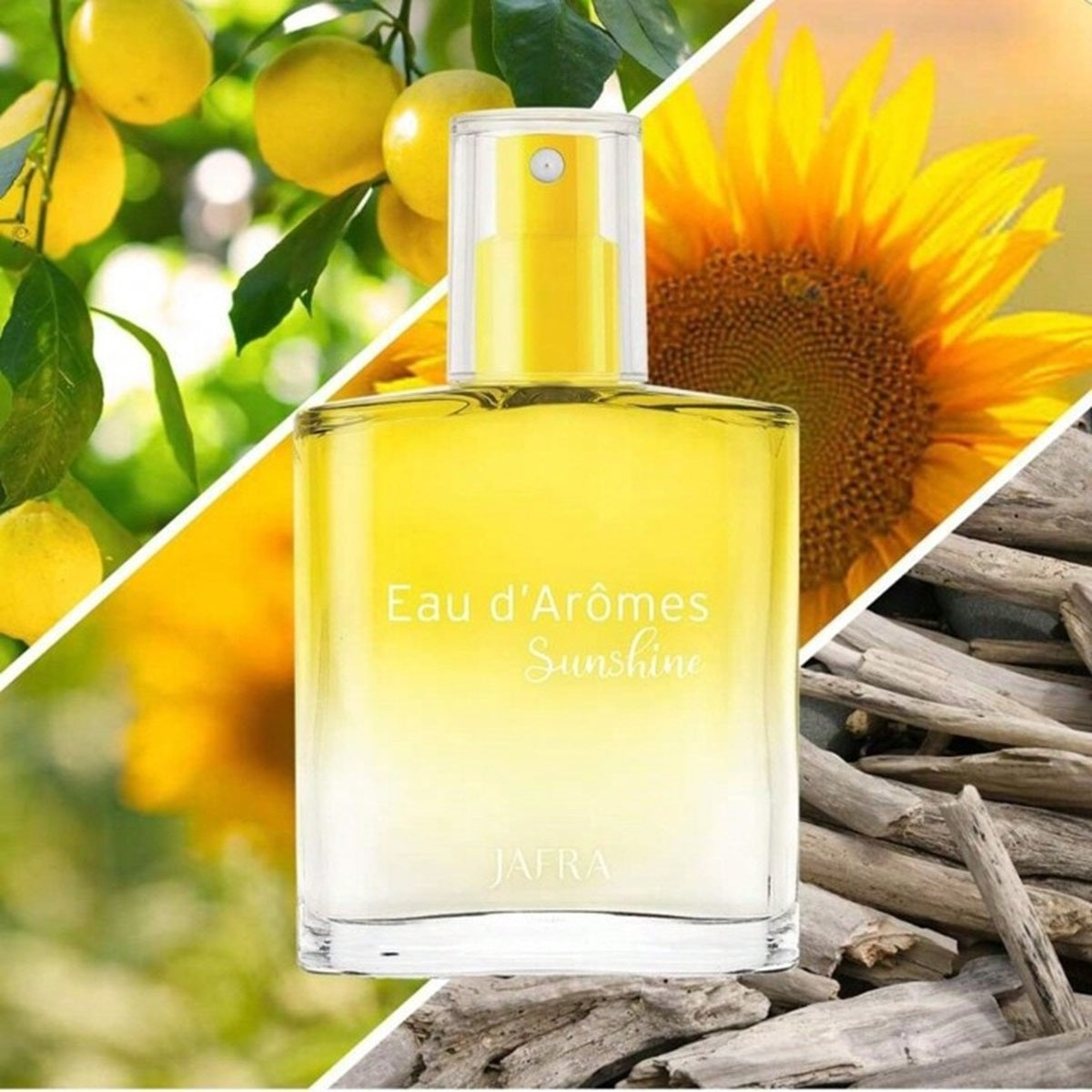 Perfume bottle labeled 'Eau d'Arômes Sunshine' with sunflower, lemons, and wood elements.