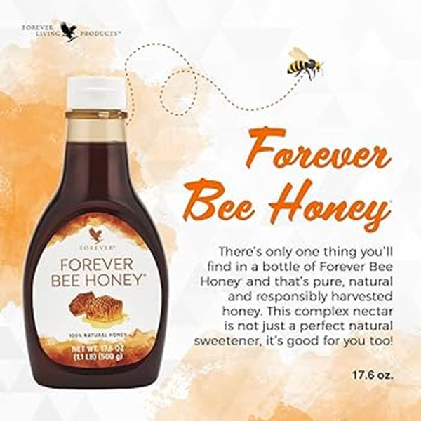 Bottle of Forever Bee Honey with text about the product on a white background