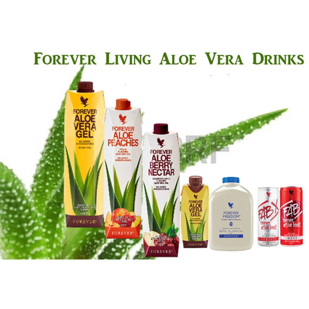 Collection of Forever Living Aloe Vera drinks and products on a white background with green aloe vera leaves.