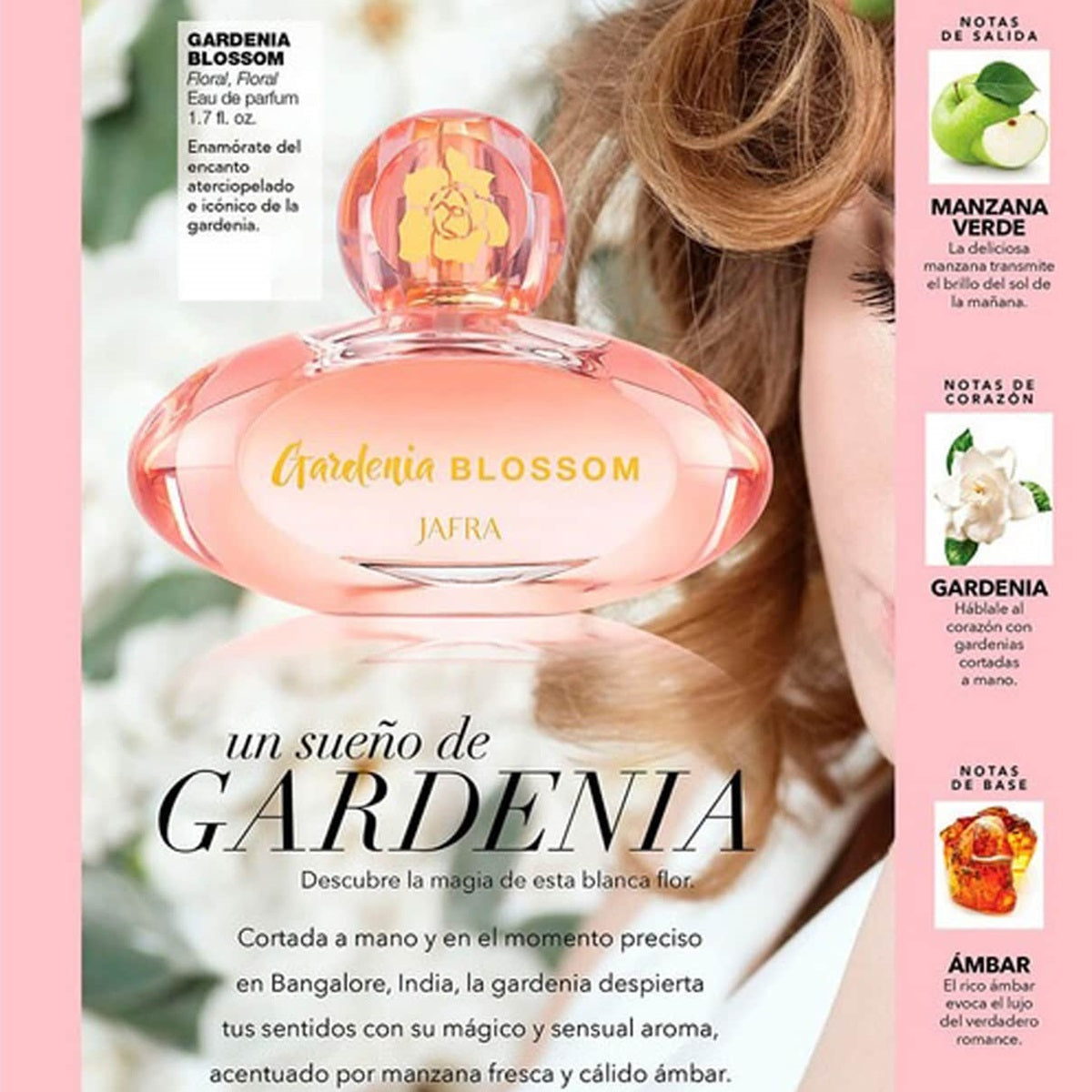 Gardenia Blossom perfume bottle with product details on a magazine page.