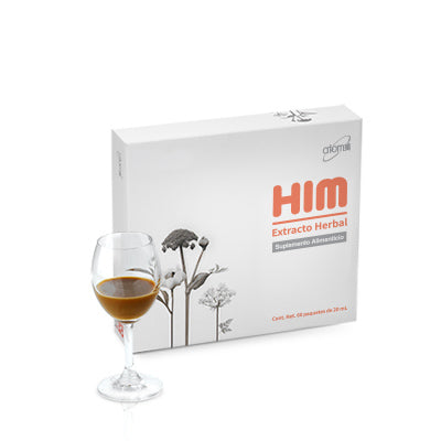 Box of HIM Extracto Herbal with a glass of liquid on a white background