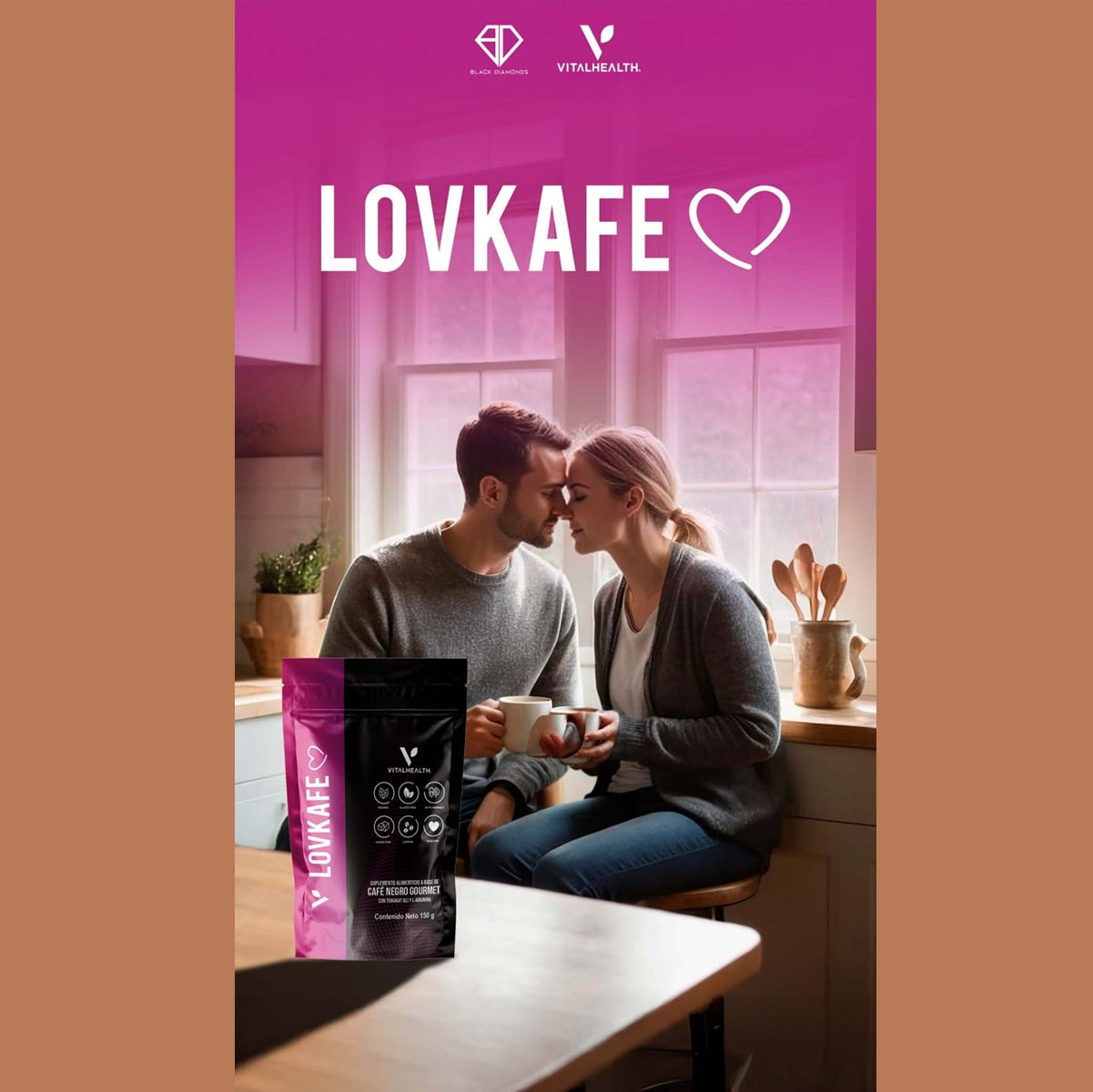 Couple in a kitchen with LOVKAFE coffee packaging and VitalHealth branding.