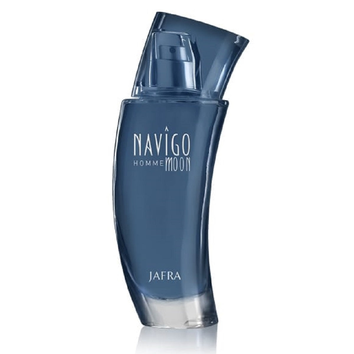 Blue perfume bottle labeled 'Naviógo Homme' by Jafra on a white background