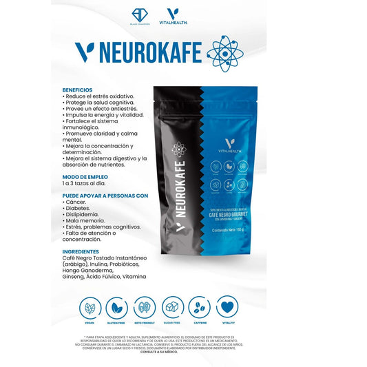 Neurokafe supplement package with VitalHealth branding on a white background