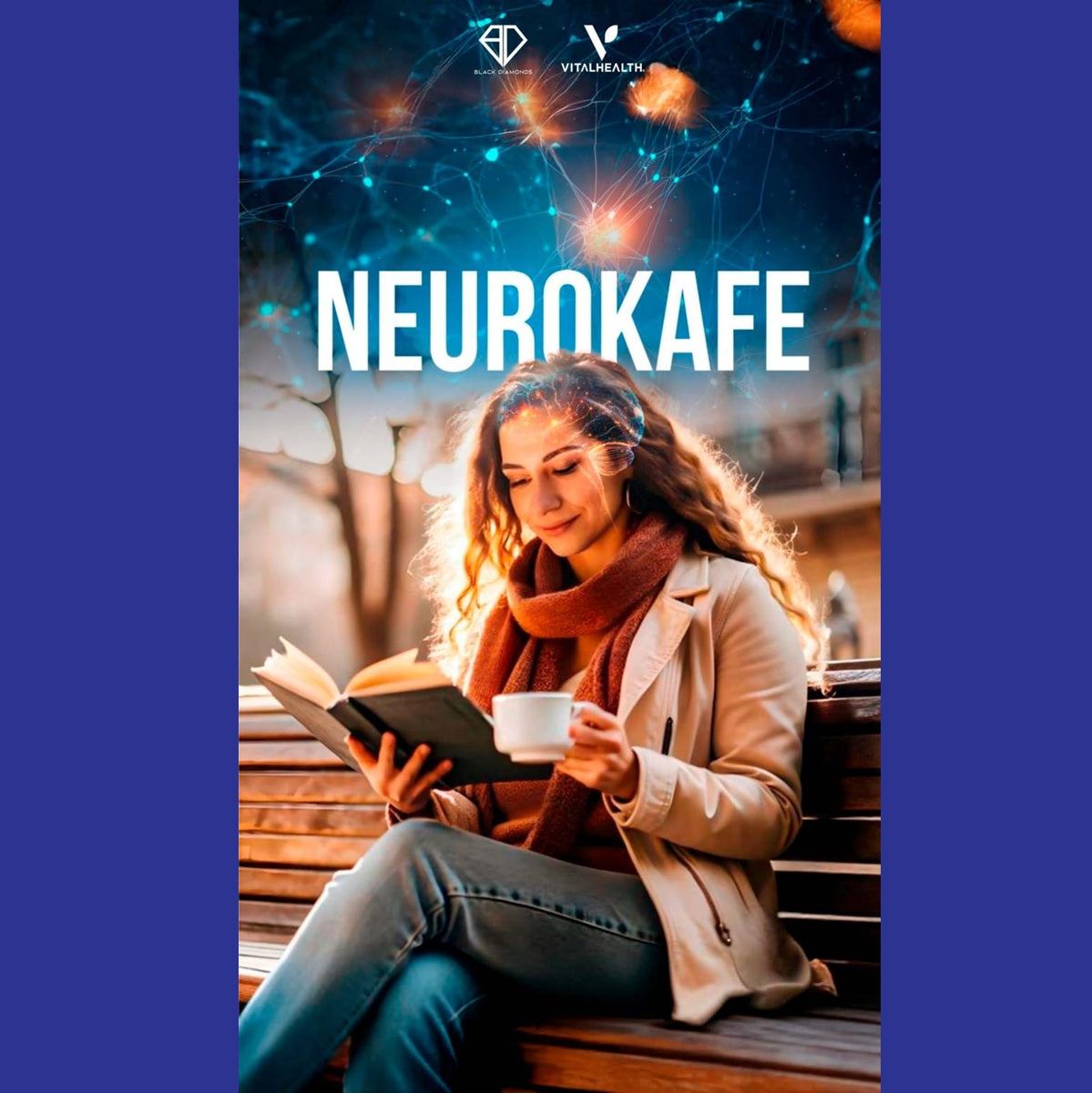 Woman reading a book and holding a cup of coffee with 'NeuroKafe' branding.