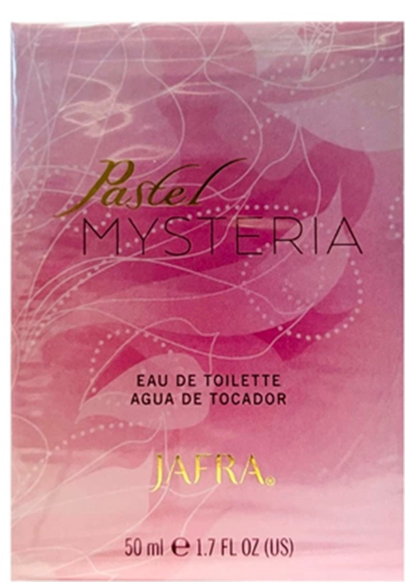 Jafra Pastel Mysteria perfume bottle packaging on a pink background