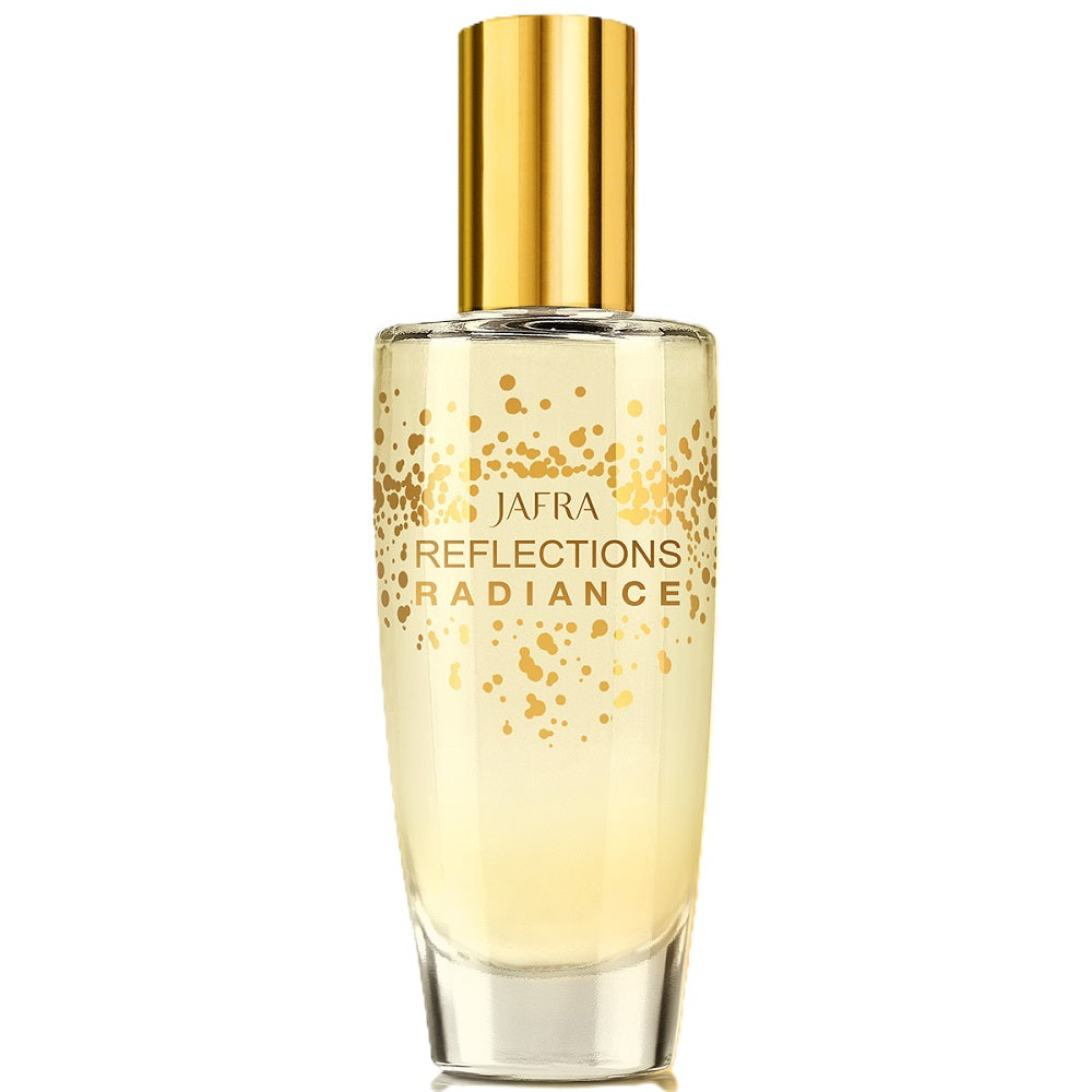 Jafra Reflections Radiance perfume bottle with gold cap on a white background