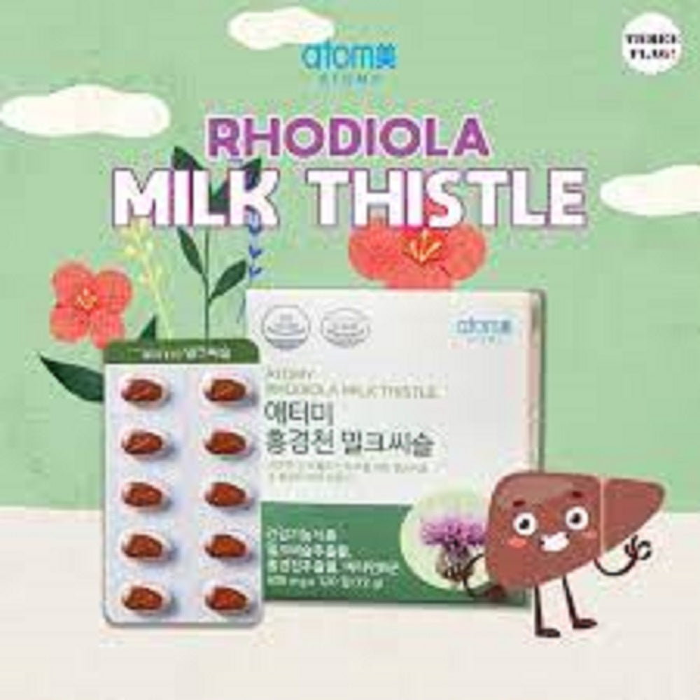 Packaging of Rhodiola Milk Thistle with cartoon character on a green background