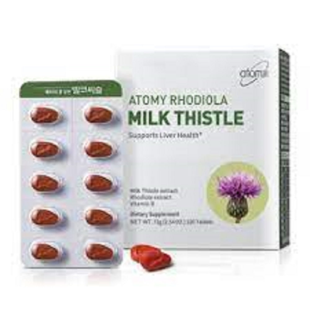 Milk thistle supplement packaging with pills on a white background