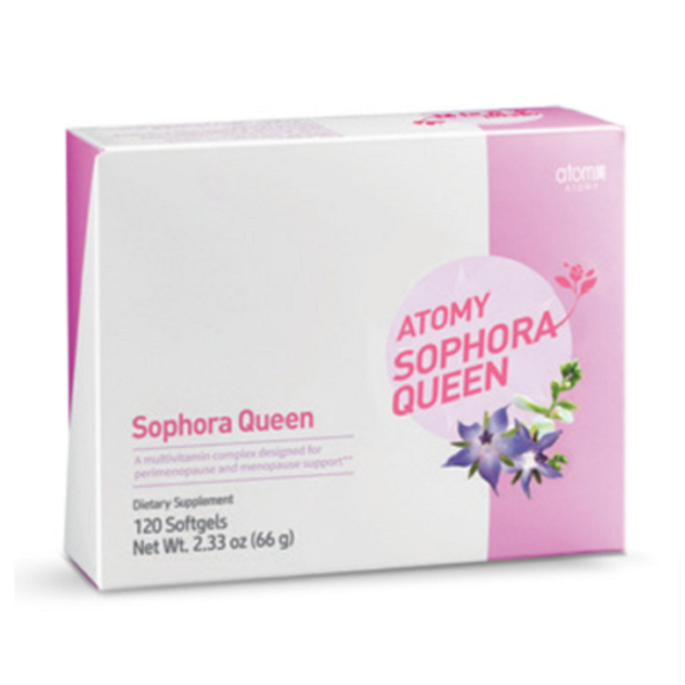 Box of Atomy Sophora Queen dietary supplement with pink and white design.