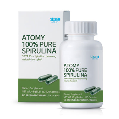 Atomy 100% Pure Spirulina supplement bottle and packaging on a white background