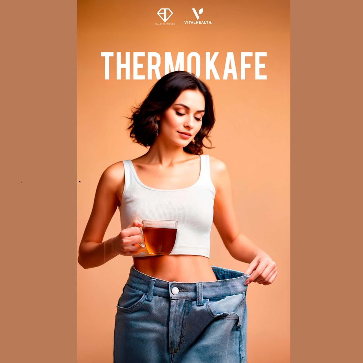 Woman holding a cup of tea with 'Thermokafe' branding on a brown background