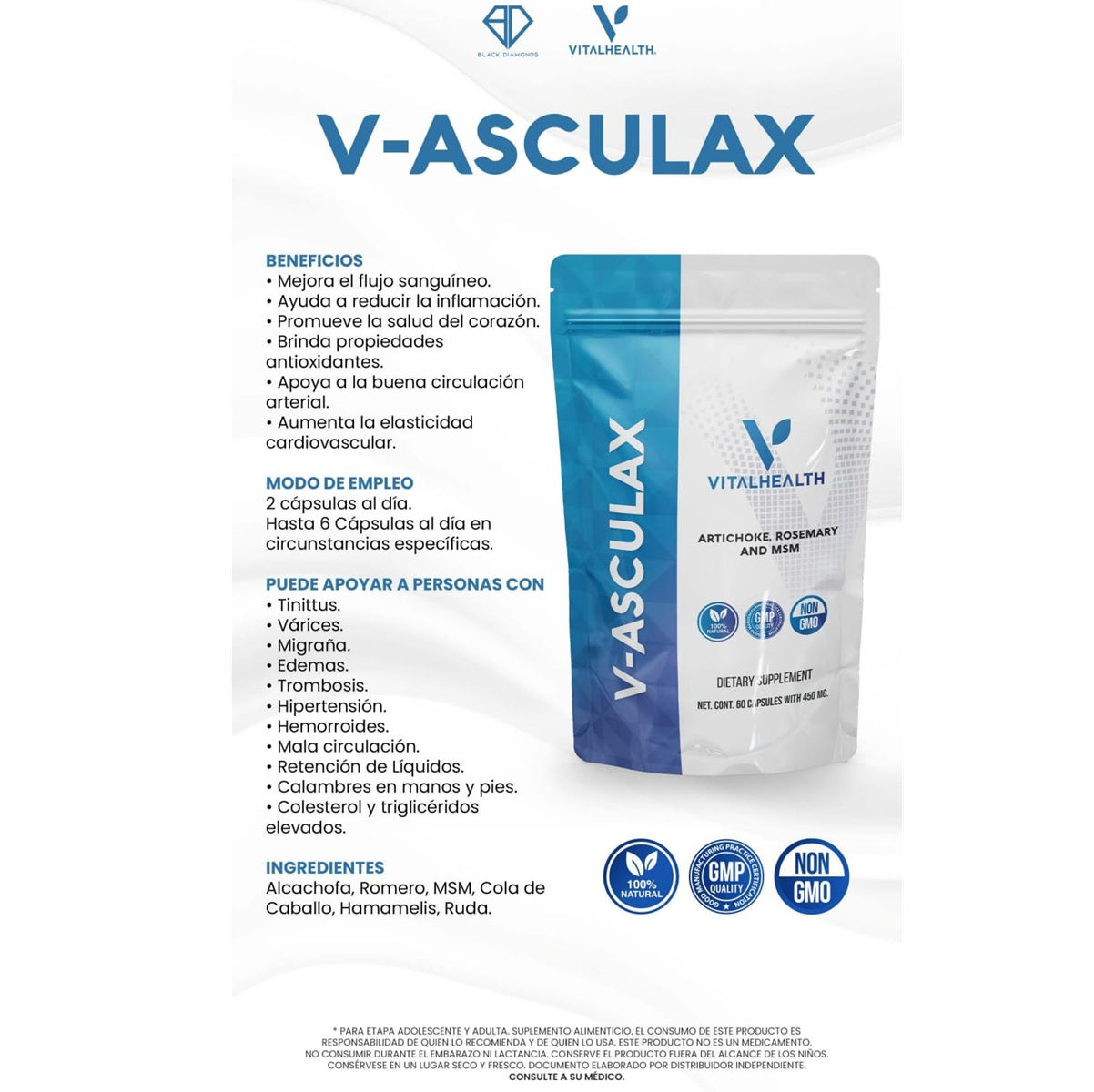 VitalHealth V-Asculax supplement packaging with text and branding on a white background