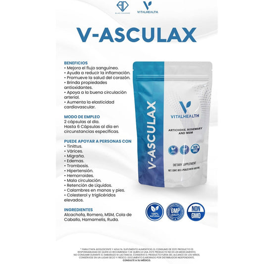 VitalHealth V-Asculax supplement packaging with text and branding on a white background