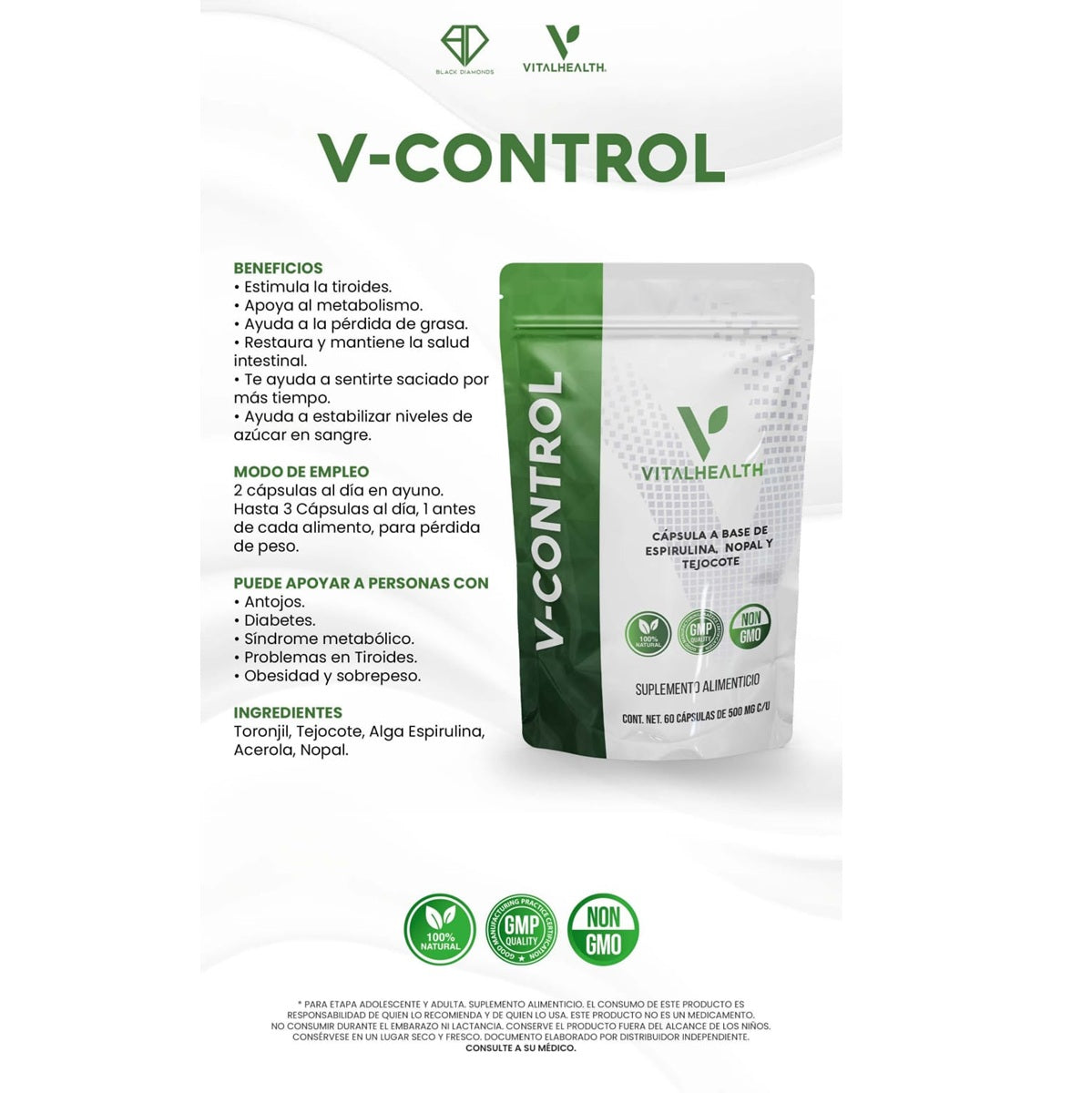 VitalHealth V-Control supplement packaging with text on a white background