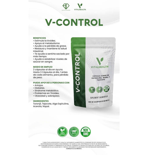 VitalHealth V-Control supplement packaging with text on a white background