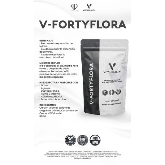 V-FortyFlora supplement package with branding and product details on a white background