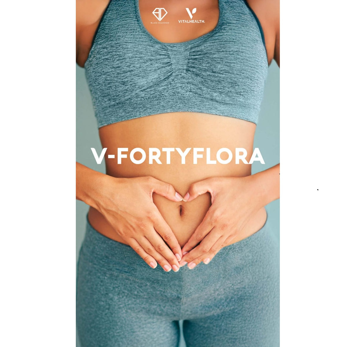 Person wearing a blue athletic outfit with 'V-FortyFlora' branding, holding hands in a heart shape over their abdomen.