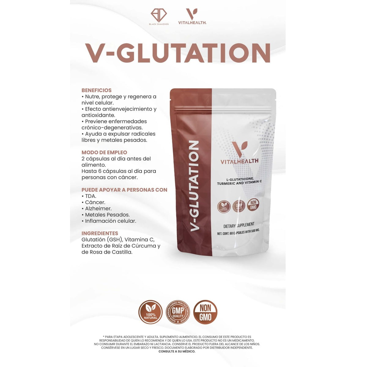 V-GLUTION supplement package with VitalHealth branding on a white background