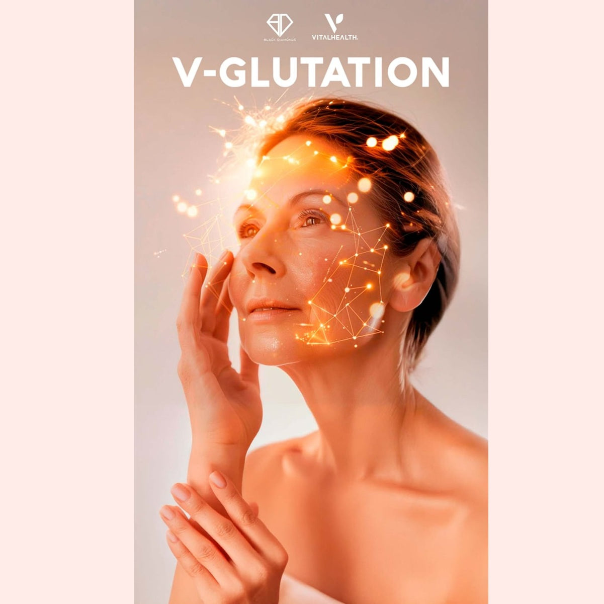 Woman with glowing face and 'V-GLUTATION' text on a beige background