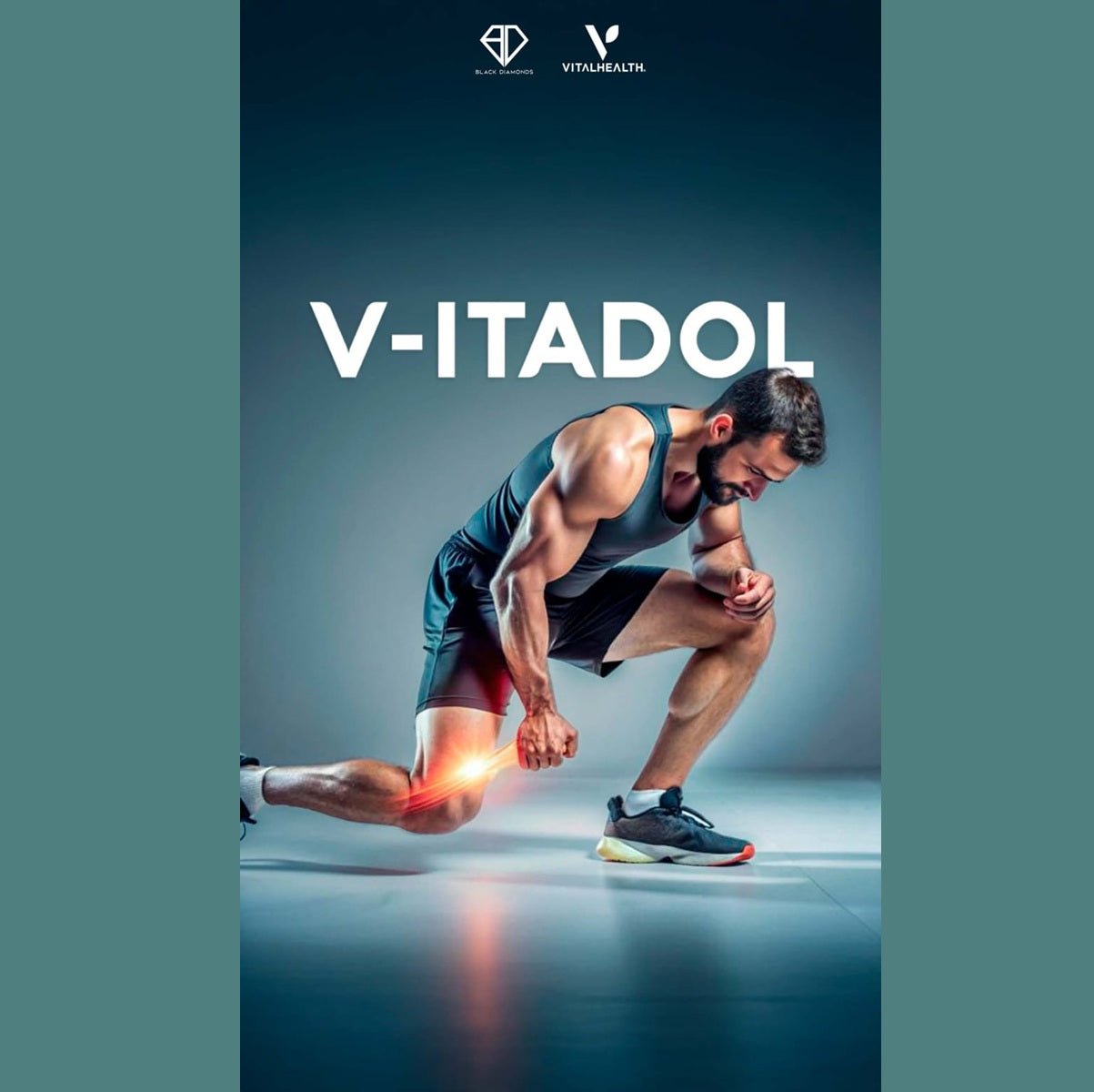 Person stretching with 'V-ITADOL' branding and VitalHealth logo on a dark background