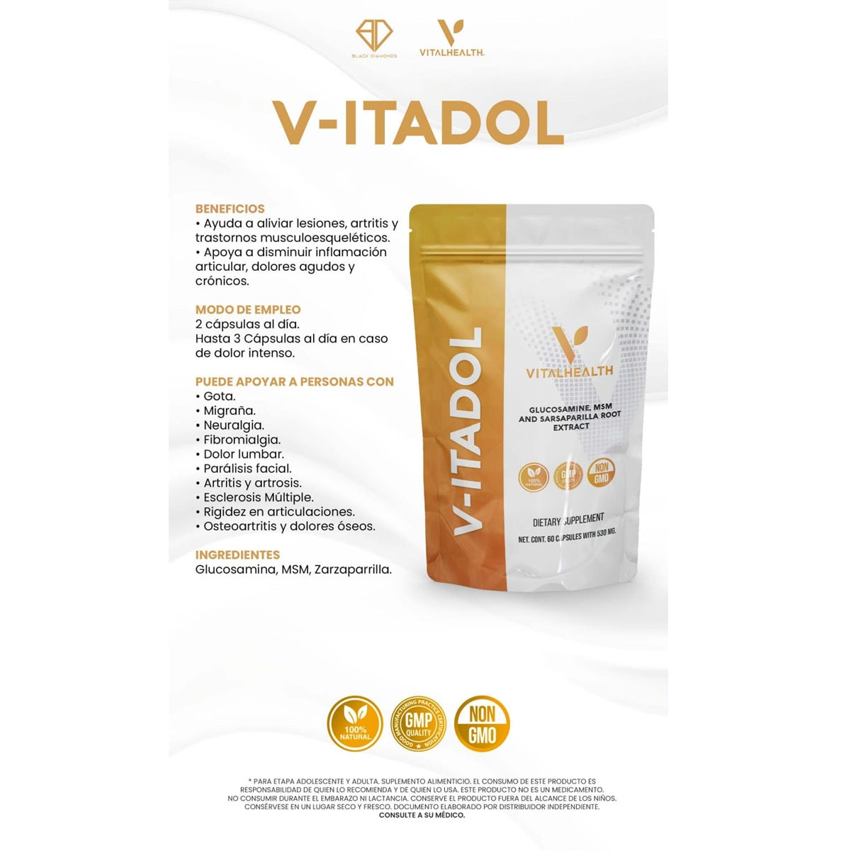 V-ITADOL supplement package with branding and product details on a white background