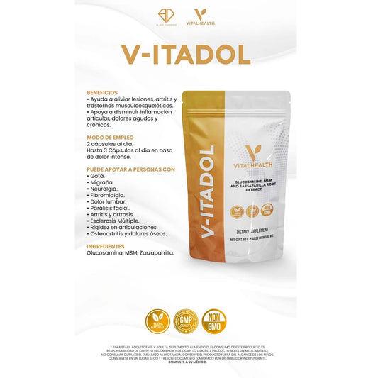 V-ITADOL supplement package with branding and product details on a white background