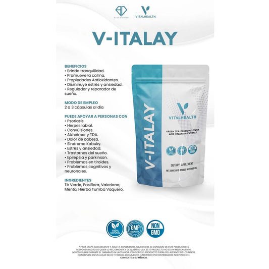 V-ITALAY supplement package with branding and product details on a white background