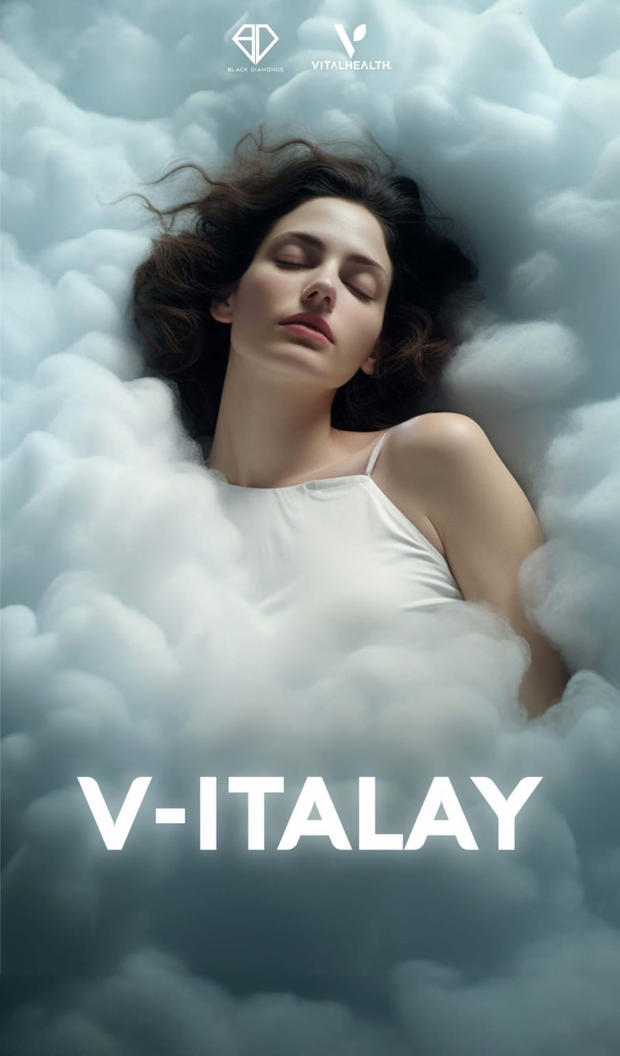 Woman lying on a cloud with 'V-ITALAY' branding in the background