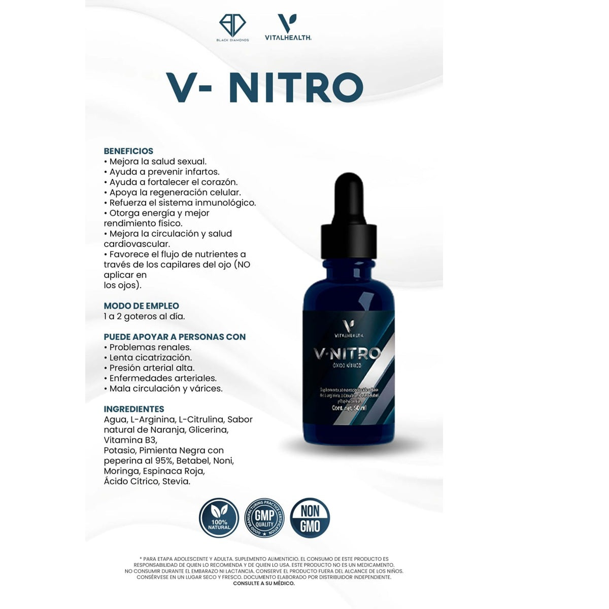 V- Nitro supplement bottle with product details on a white background